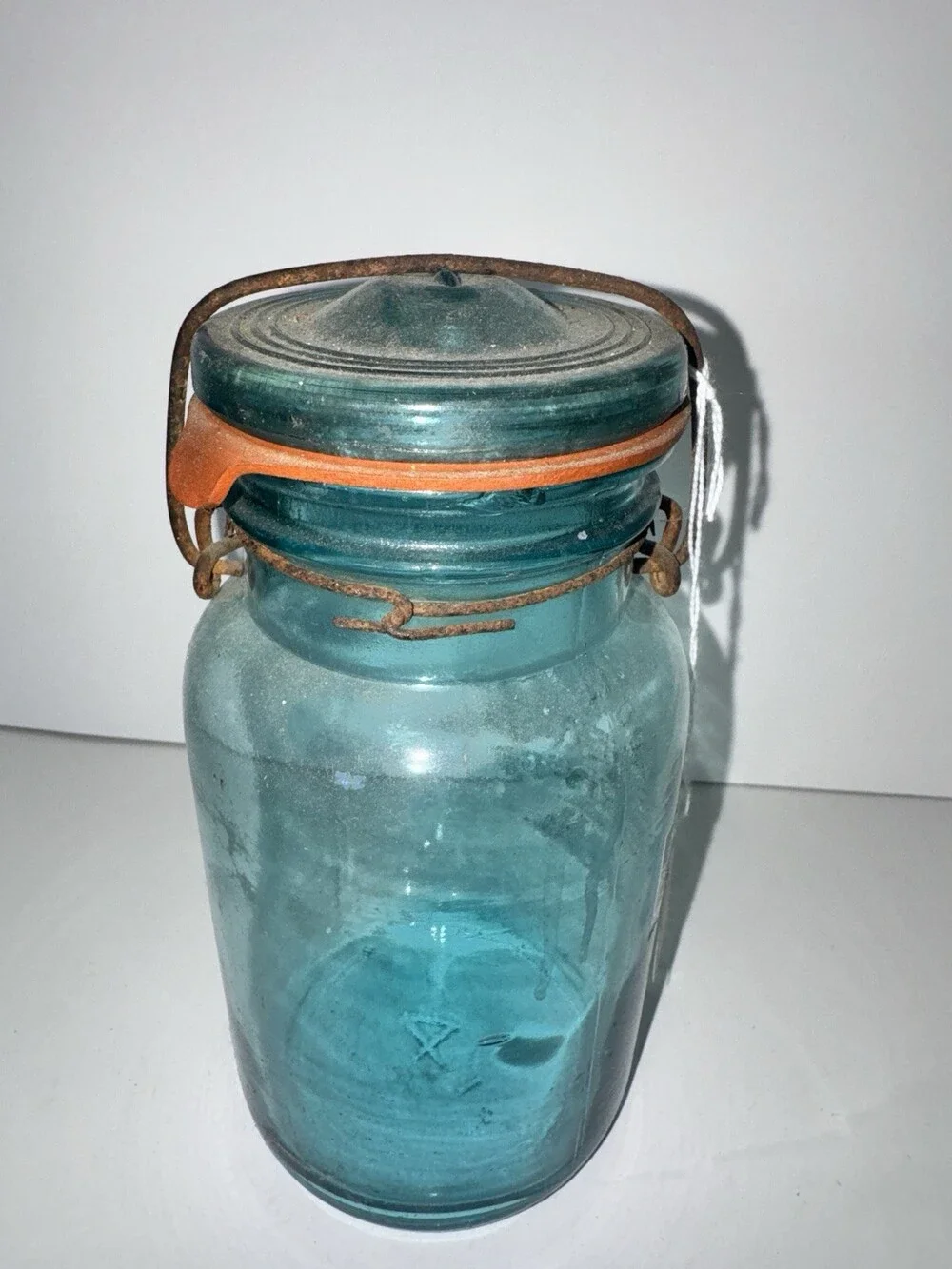 Vintage McDonald New Perfect Seal Blue Aqua Glass Canning Jar Wire Bail Lid